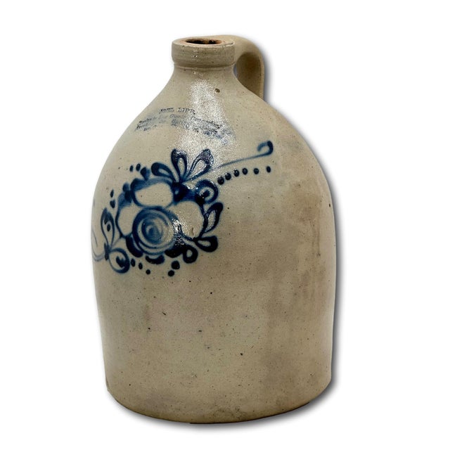 Mid 19th Century Unusual Antique American Blue Flower Decorated 2 Gallon Jug With Otsego New York Stoneware Merchants Name & Info Circa 1870s For Sale - Image 5 of 18
