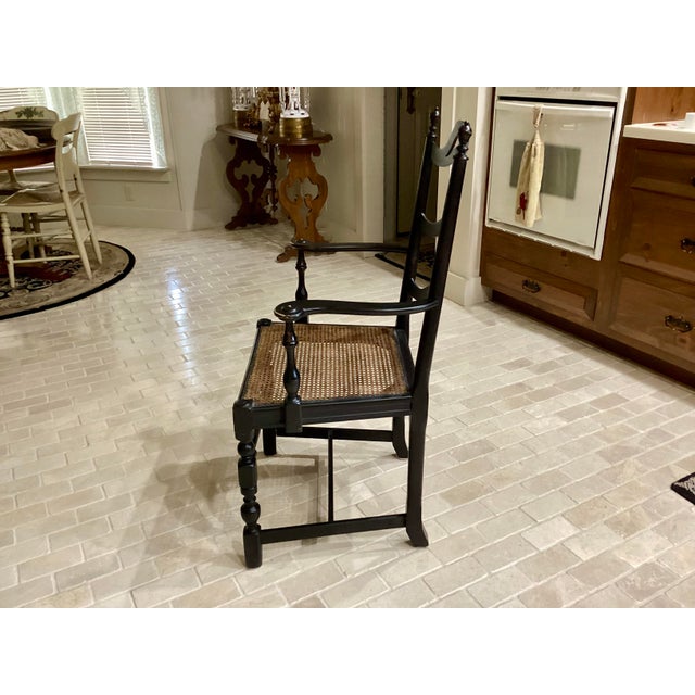 Early 20th Century Antique Art Nouveau Ladderback Black Dining Side Desk Hall Arm Chair W/Cane Seat 41“ Tall For Sale - Image 5 of 9