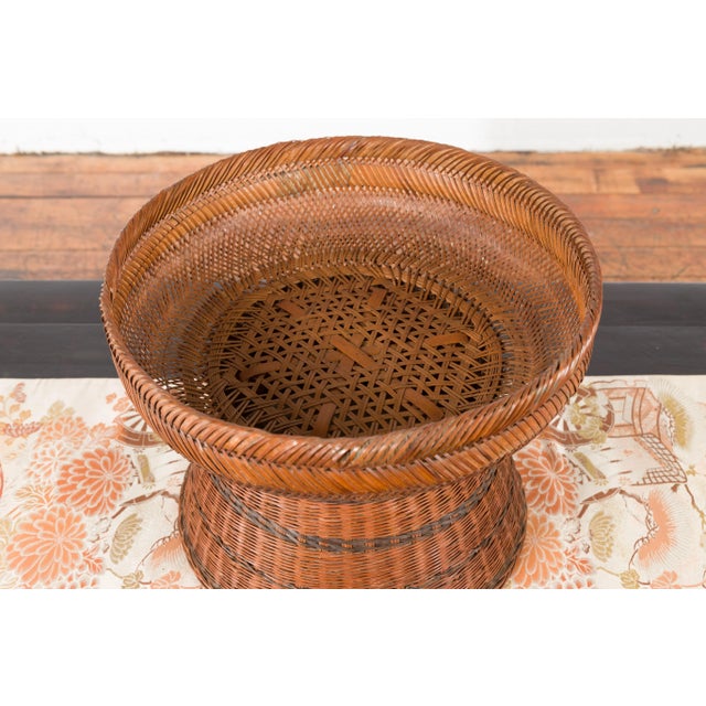 Mid 20th Century Thai Vintage Woven Rattan Fruit Market Basket with Pedestal Tapering Base For Sale - Image 5 of 11