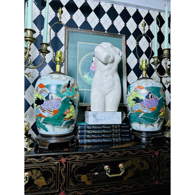 1950s Hand-Painted Japanese Porcelain Tabletop Lamps Pair Court Ladies, Large 32"h For Sale - Image 13 of 18