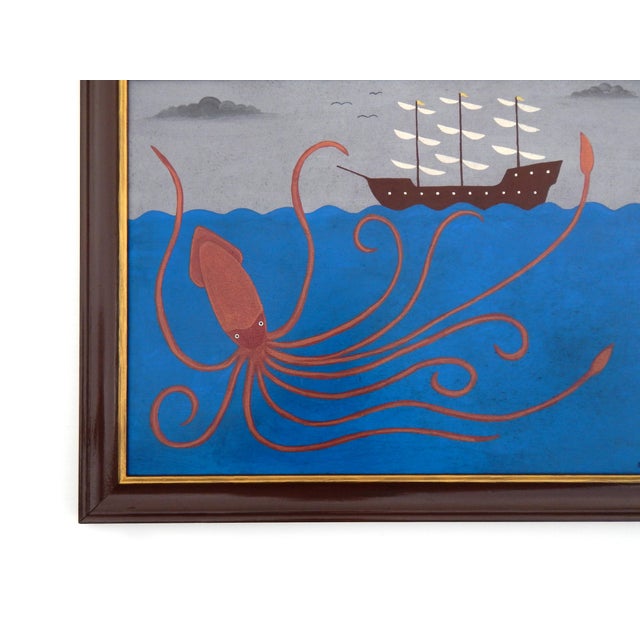 Matt Rix, Naive Style Giant Squid & Sail Ship, Oil on Board, Framed For Sale - Image 9 of 15