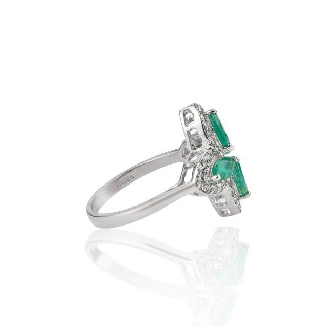 Green 925 Sterling Silver Floral Clover Cocktail Emerald & Diamond Ring, Size 7 For Sale - Image 8 of 12