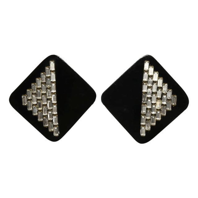 1980s Vintage Deco Revival Earrings Black Resin & Baguette Rhinestones, A Pair For Sale