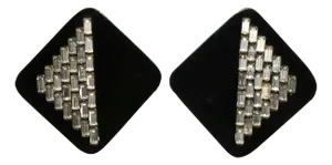 1980s Vintage Deco Revival Earrings Black Resin & Baguette Rhinestones, A Pair