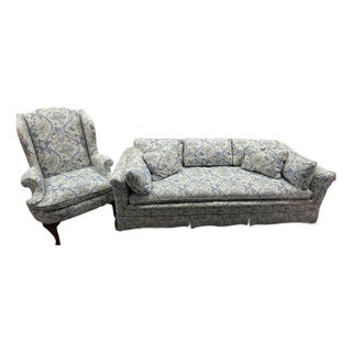 1970s Henredon Fine Furniture 84" Bench-Cushion Sofa and Matching Wing Chair – Feather/Down Cushions – Excellent Condition For Sale