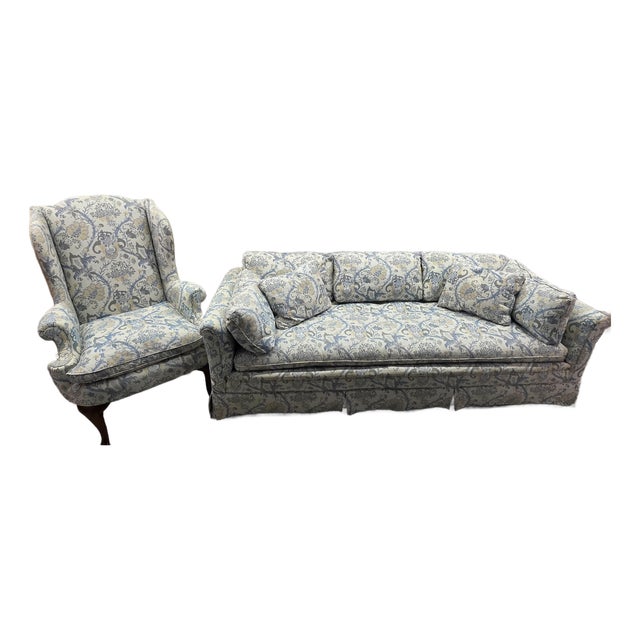1970s Henredon Fine Furniture 84" Bench-Cushion Sofa and Matching Wing Chair – Feather/Down Cushions – Excellent Condition For Sale