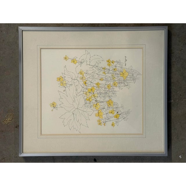 Floral Water Color Drawing by Montana Artist Kaye Cummings 1977 Yellow Floral Line Drawing Framed For Sale - Image 6 of 6