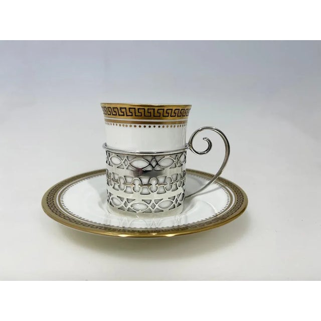 Coffee Cups and Saucers with Silver Cup Holders attributed to Walker & Hall for Wedgwood, 1919 For Sale - Image 4 of 12