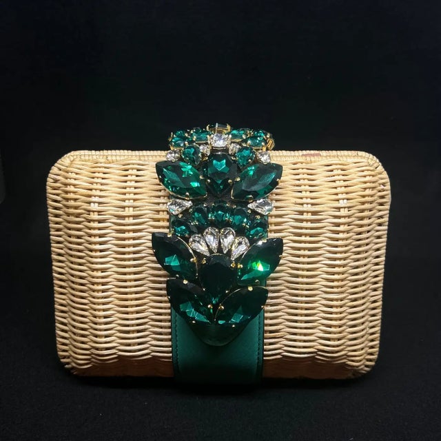 Modern An Amazing Woven Rattan Clutch Bag With Green Crystal Made by Gedebe For Sale - Image 3 of 11