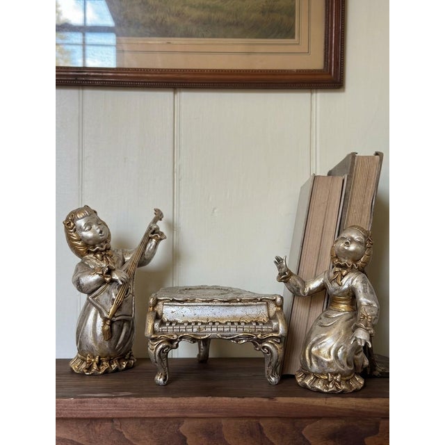 A rare, large-scale vintage 1950s Florentine Borghese-style 3-piece musical ensemble, crafted in heavy solid molded...