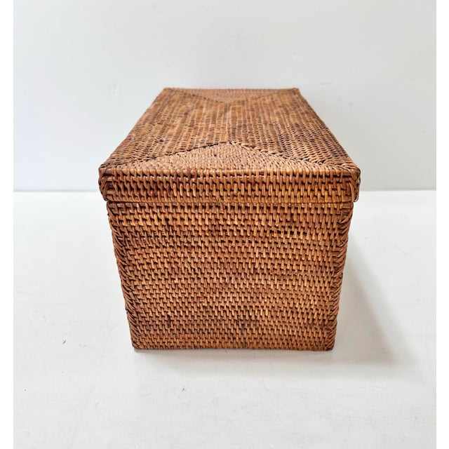 Vintage Handwoven Rattan Lidded Storage Box With Toggle Closure For Sale - Image 4 of 9