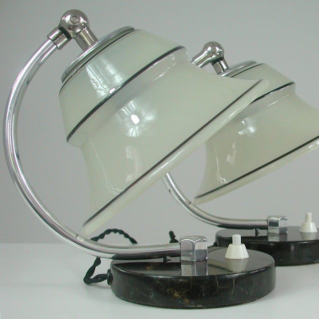 German Art Deco Enameled Satin Glass, Marble and Aluminum Table Lamps, 1930s, Set of 2 For Sale - Image 13 of 18