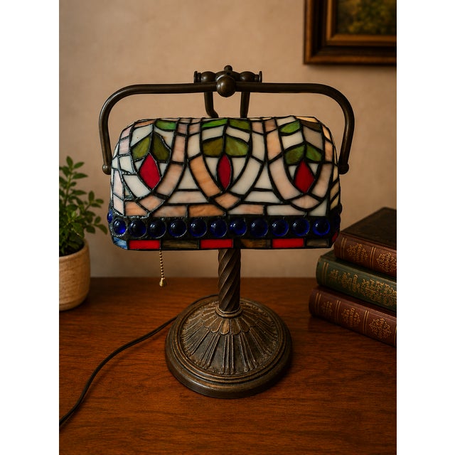 1990s Vintage Mid-Century Modern Tyffany Style Bankers Desk Lamp For Sale - Image 5 of 8