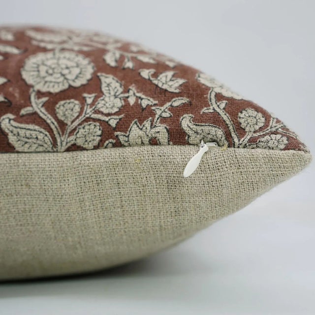 Farmhouse Floral Block Print Cushion Cover for Home Decor Thick Linen 26x26 Inch- Shillong For Sale - Image 3 of 4