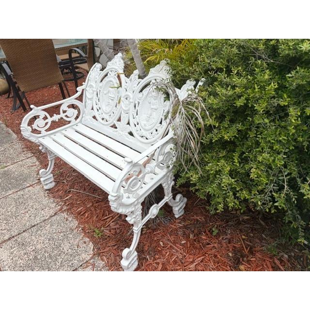 Pair of White Antique Style Cast Iron Figural Seasons Garden Bench For Sale - Image 9 of 9