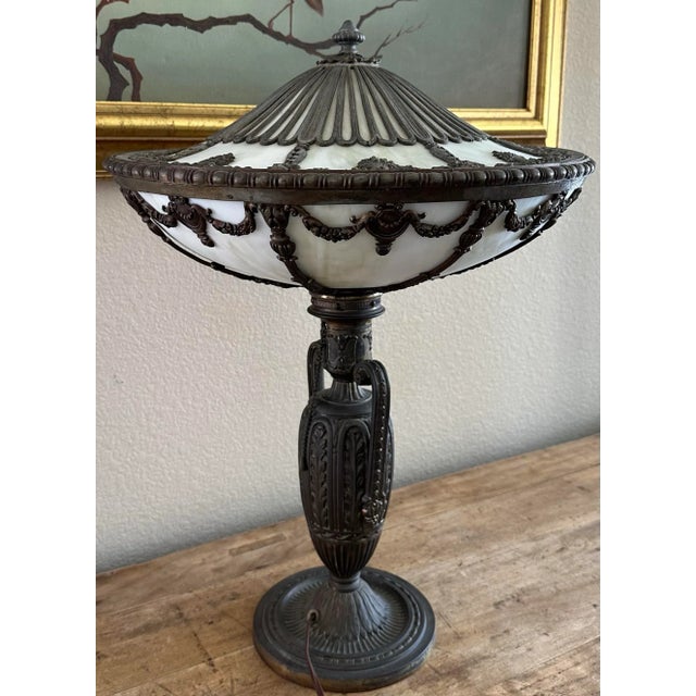 White Antique Neoclassical Table Lamp White Slag Glass Shade Bradley Hubbard Tiffany Style For Sale - Image 8 of 12