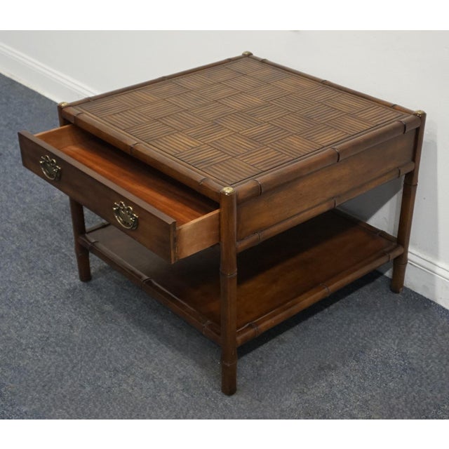 Wood Henredon Solid Walnut Asian Contemporary Faux Bamboo 27" Square Accent End Table For Sale - Image 7 of 12