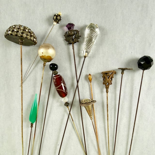 Antique Ladies Hat Pins Collection, Brass & Glass, 1900-1920 For Sale - Image 9 of 12