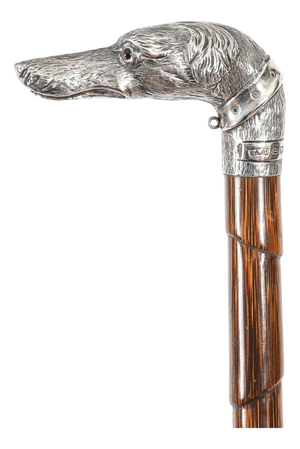 Antique Greyhound Head Sliver Handled Walking Stick Cane, 1890s