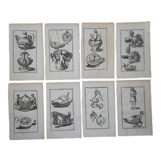 Antique 18th C. Copperplate Engravings-Ancient Oil Lamps-Set of 8-French 10"x17" For Sale
