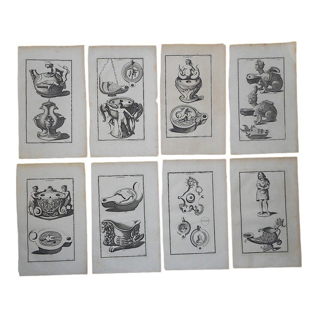 Antique 18th C. Copperplate Engravings-Ancient Oil Lamps-Set of 8-French 10"x17" For Sale