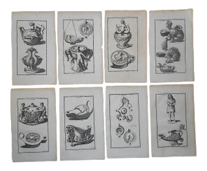 Antique 18th C. Copperplate Engravings-Ancient Oil Lamps-Set of 8-French 10"x17"