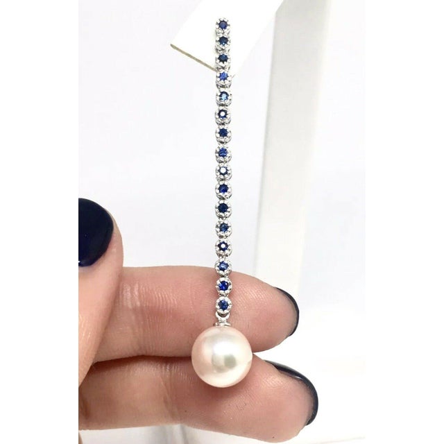 Large Akoya Pearl Sapphire Earrings 14 Karat Gold 8.7 mm Certified For Sale - Image 4 of 7
