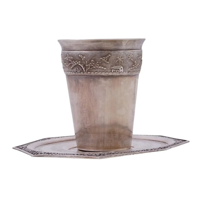 Mid Cent Vietnamese Embossed Silver Cup and Saucer For Sale - Image 4 of 10