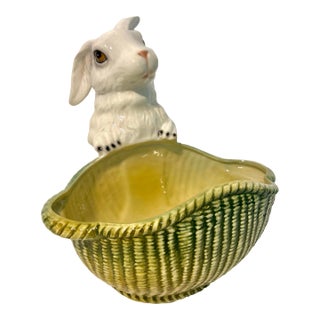 Mid 20th Century Large Italian Gump’s Porcelain Rabbit With Basketweave Bowl For Sale