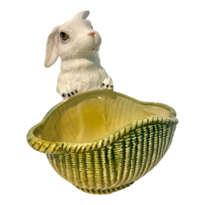Mid 20th Century Large Italian Gump’s Porcelain Rabbit With Basketweave Bowl