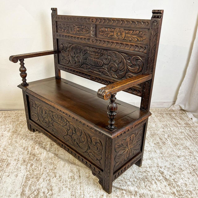 French Antique French Normandy Carved Oak Bench Chest For Sale - Image 3 of 11