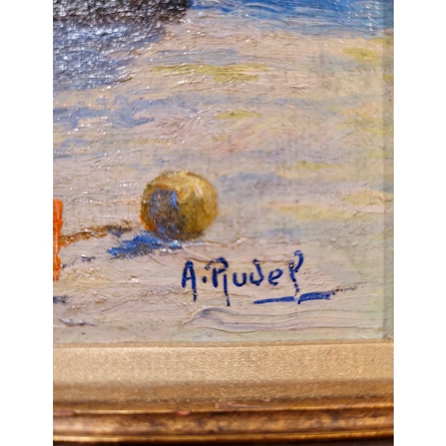 Jean Aristide Rudel- Mothers & Young Daughters at the Beach W/Parasol -1920s Oil Painting For Sale - Image 9 of 11