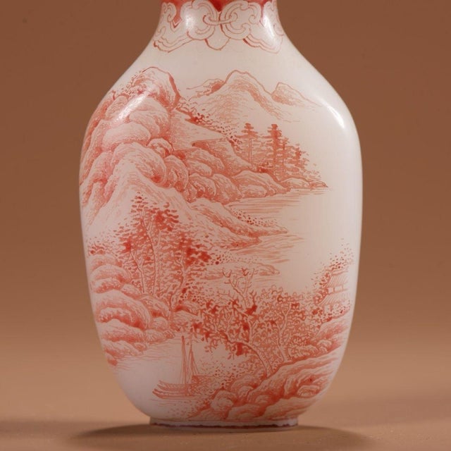 Pink Vintage Peking Glass Enamel Landscape Snuff Bottle With Pink Stone Stopper For Sale - Image 8 of 9