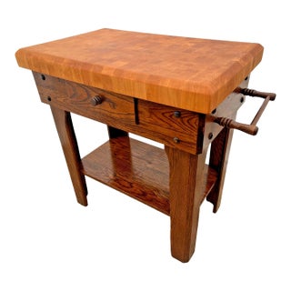 Vintage Butcher Block Carving Table Oak Base With Drawer Shelf End Cut Maple Top For Sale