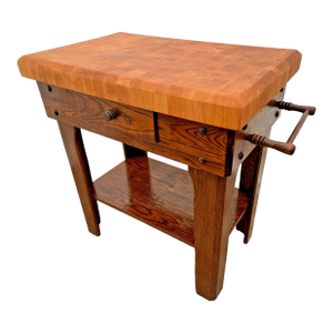 Vintage Butcher Block Carving Table Oak Base With Drawer Shelf End Cut Maple Top