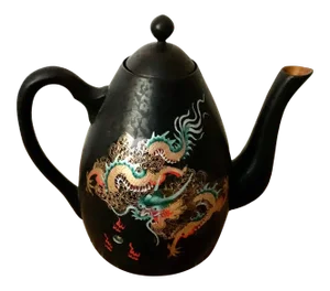 Mid Century Hand Painted Black Lacquer Chinese Wooden Teapot With Gilt Dragon Decoration