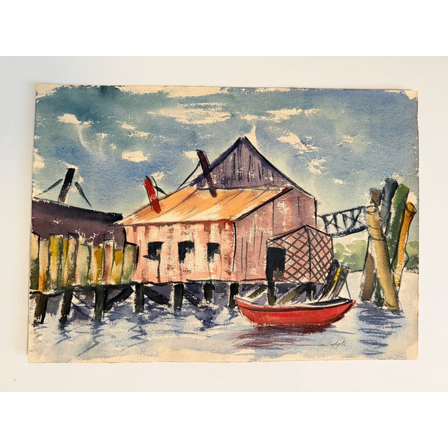Mid-Century Modern 1953 Watercolor Painting of Boatyard by James Vincent Cupoli For Sale - Image 3 of 7