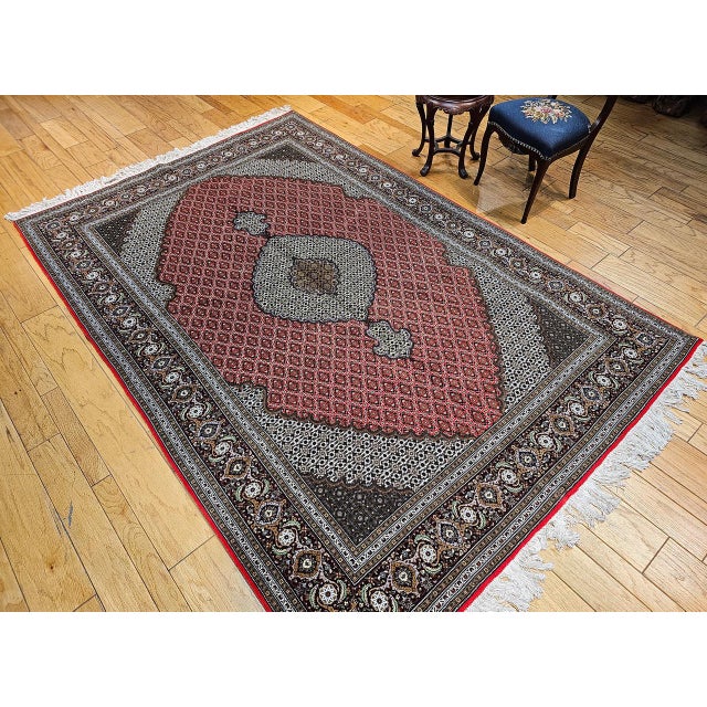 Antique Tabriz Mahi Rug, Hand-Knotted Wool & Silk, Herati Geometric Pattern, Red & Ivory, 7x10 For Sale - Image 4 of 17