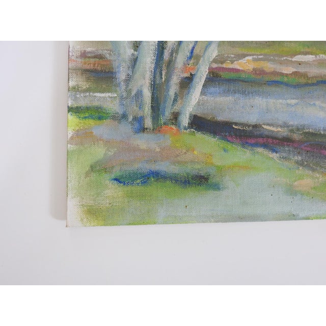 Mid 20th century oil on canvasboard painting of birch trees and wetlands landscape. Unsigned, edge wear. Unframed.