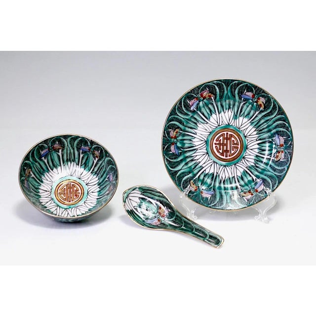Vintage Cabbage Leaf Porcelain, 3 Piece Rice Bowl Set With Dragonfly & Longllife Design, Hong Kong / Japan For Sale - Image 4 of 6