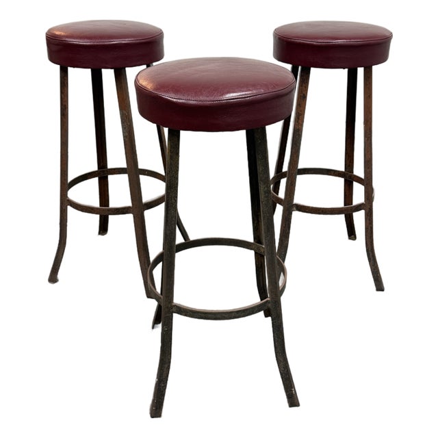 Mid 20th Century Burgundy Vinyl + Metal Bar Stools, Set of Three For Sale