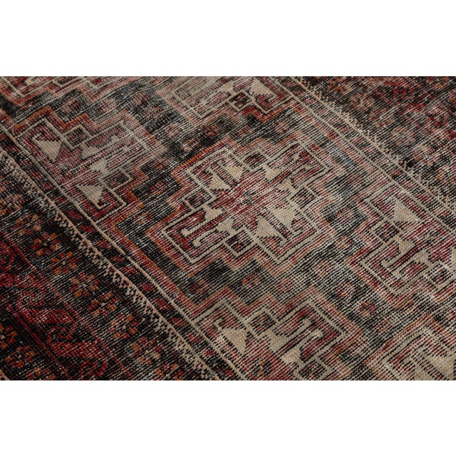 Ruby Red Antique Caucasian Geometric Area Rug – Hand-Knotted Low-Pile Wool Accent Rug With Distressed Patina For Sale - Image 8 of 8