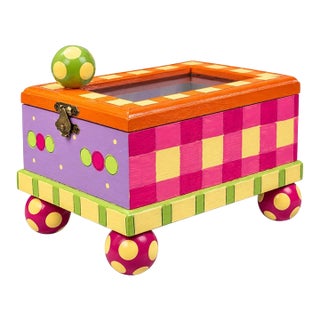 Vintage Hand-Painted Whimsical Wooden Trinket Box | Colorful Folk Art | Glass Lid For Sale