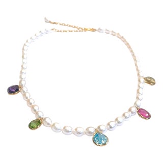 Bochic "Capri" Vintage Pearl, Ruby & Multi Gem Necklace Set 18K Gold & Silver For Sale