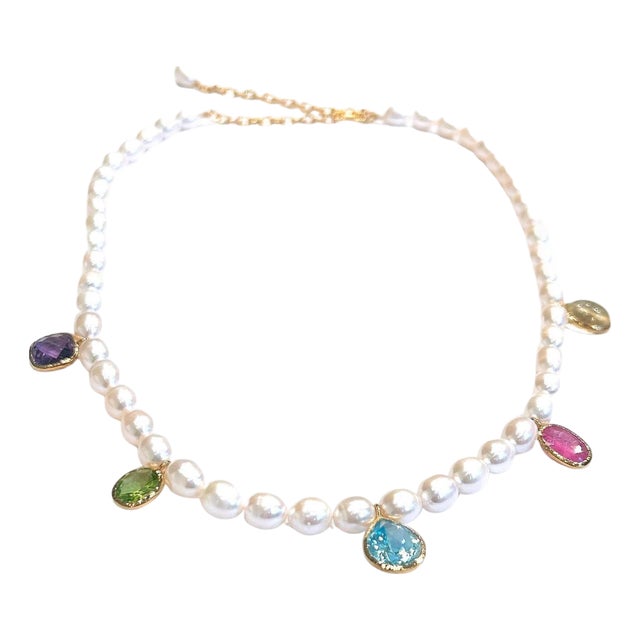Bochic "Capri" Vintage Pearl, Ruby & Multi Gem Necklace Set 18K Gold & Silver For Sale
