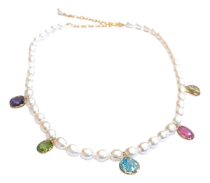 Bochic "Capri" Vintage Pearl, Ruby & Multi Gem Necklace Set 18K Gold & Silver