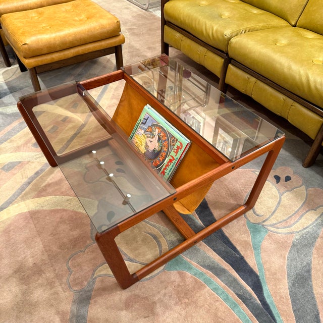 Wood Vintage Lou Hodges Style Teak and Smoked Glass Coffee Table With Magazine Holder For Sale - Image 7 of 11