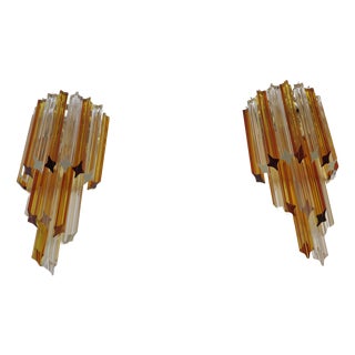 Vintage Murano Wall Sconce with Quadriedri Amber and Trasparent Prism, 1990, Set of 2 For Sale