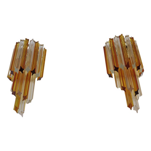 Vintage Murano Wall Sconce with Quadriedri Amber and Trasparent Prism, 1990, Set of 2 For Sale
