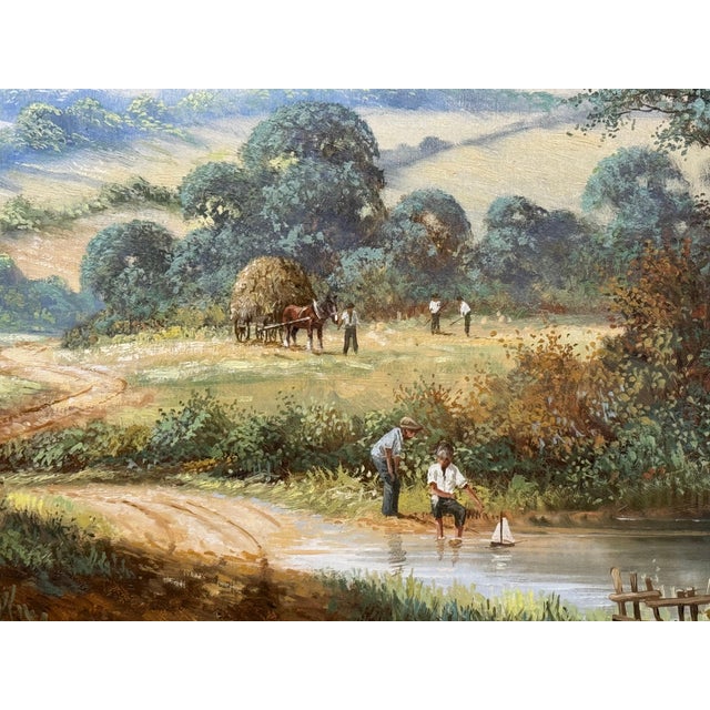 Victorian Rural Scene with Horses, Farm Workers & Thatched Cottage in English Countryside 1980 Circa For Sale - Image 3 of 16